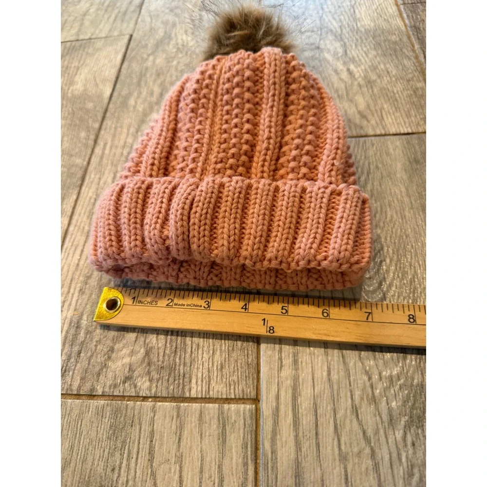 C.C Kids Beanie Hat One Size Cable Knit Faux Fur Pom Winter Girls Sherpa Lined
